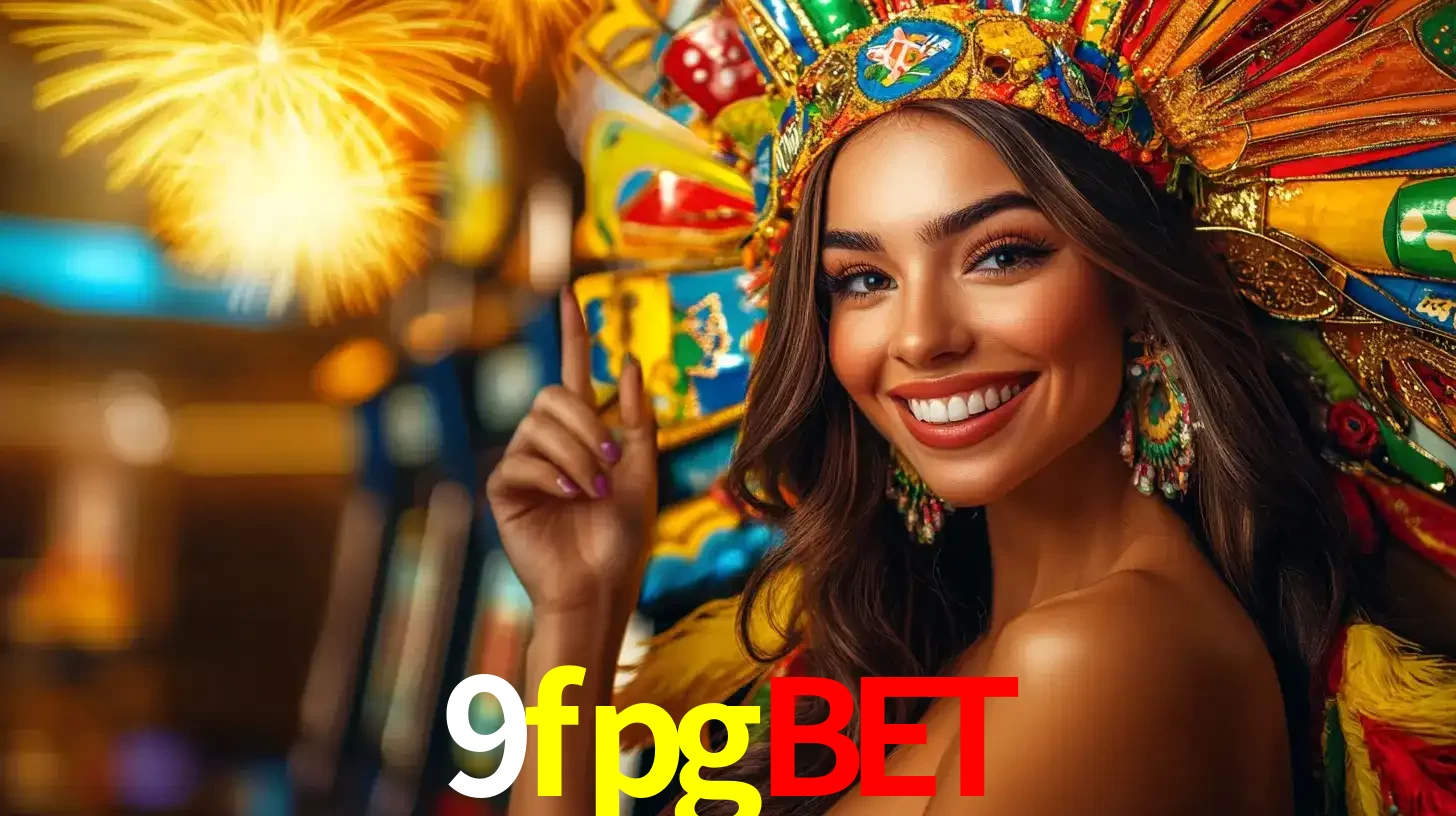 Mulher sorridente com um cocar de carnaval vibrante e colorido, celebrando uma grande vitória nos jogos do cassino 9fpgbet com fogos de artifício ao fundo.