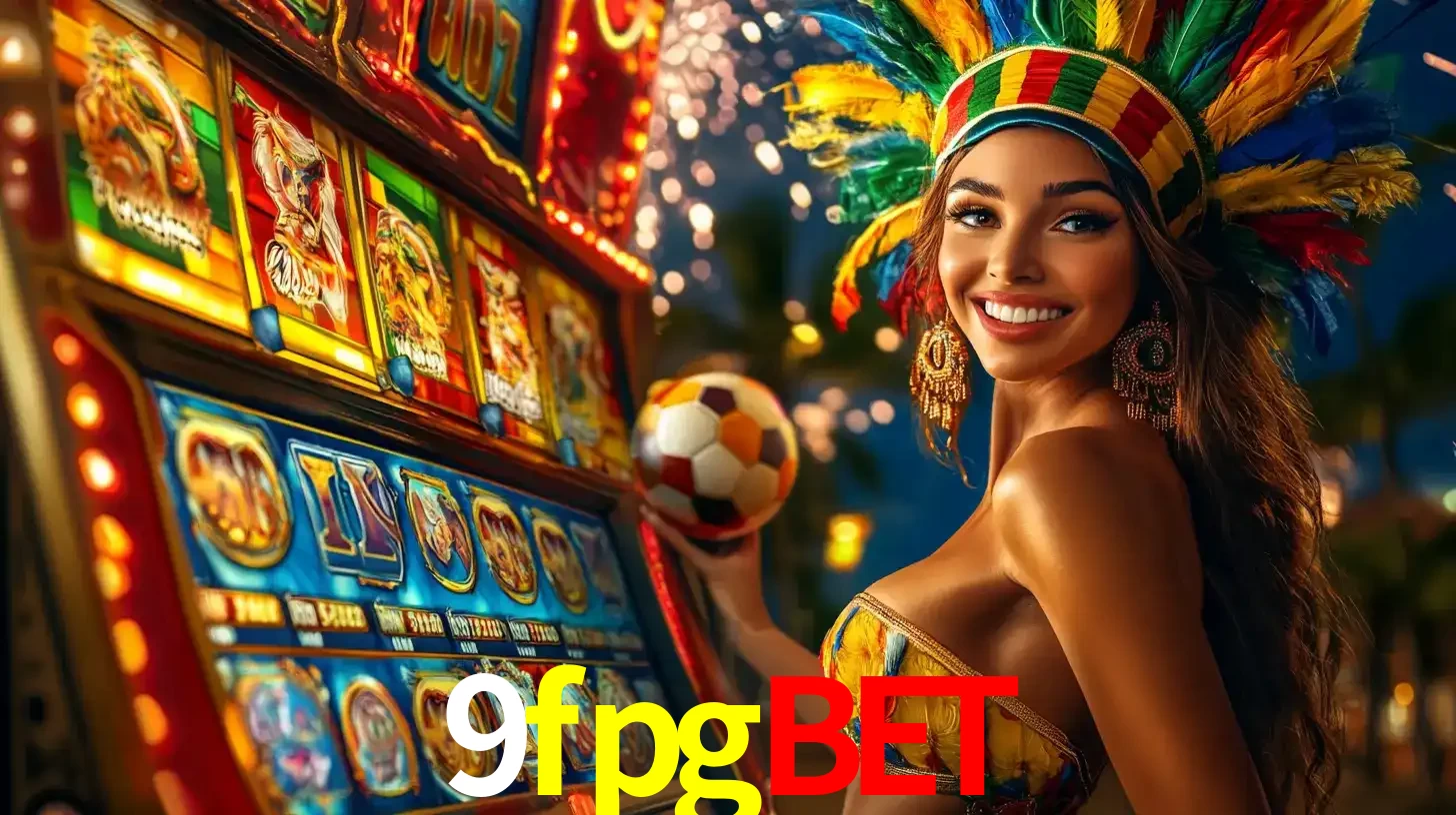 Mulher com um cocar de carnaval ao lado de uma máquina de caça-níqueis enquanto segura uma bola de futebol, mostrando a união da diversão de cassino e esportes no 9fpgbet.