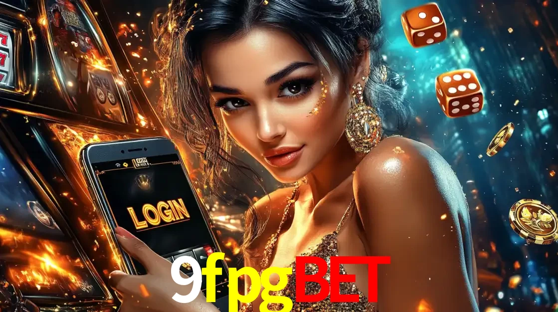Mulher glamourosa segurando um celular com a tela de login do cassino 9fpgbet, rodeada por dados e moedas douradas, pronta para começar a diversão.