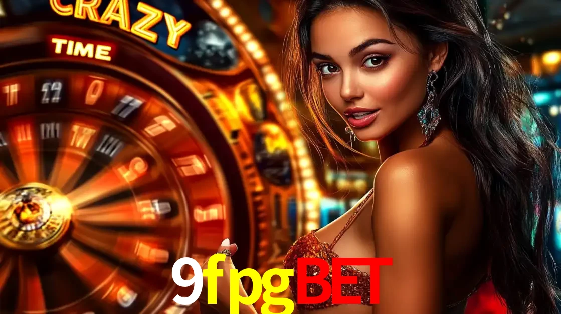 Mulher ao lado da roda de prêmios do jogo de cassino ao vivo Crazy Time, um dos shows de jogos mais emocionantes oferecidos pela plataforma de apostas 9fpgbet.