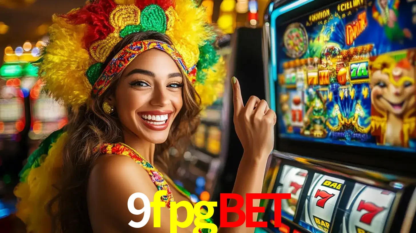 Mulher animada com um cocar de carnaval apontando para uma máquina de caça-níqueis, mostrando a emoção de ganhar um grande prêmio nos jogos do 9fpgbet.
