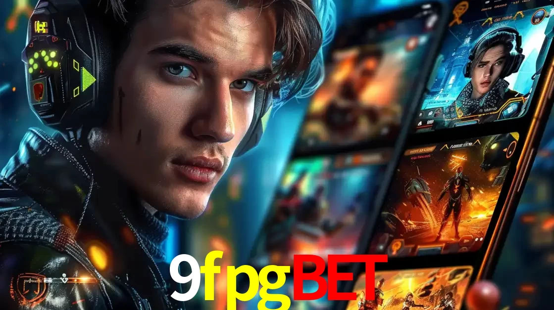 Jovem jogador com fones de ouvido olhando para a câmera, com um aplicativo de jogos e e-sports para celular ao fundo, pronto para a competição e apostas no 9fpgbet.