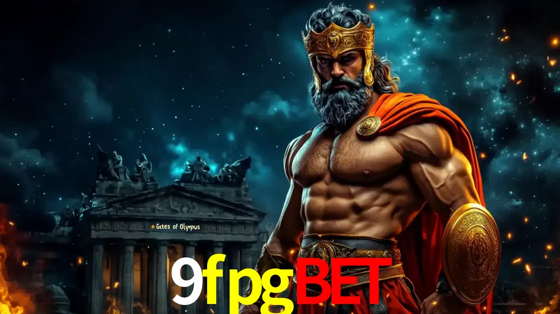 O poderoso Zeus do jogo de slot Gates of Olympus em frente ao seu templo, pronto para lançar multiplicadores divinos e prêmios épicos no cassino online 9fpgbet.