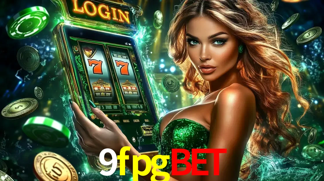 Mulher com tema verde apresentando o aplicativo do cassino 9fpgbet com um jogo de slot de 777, cercada por fichas de cassino e uma aura de sorte.