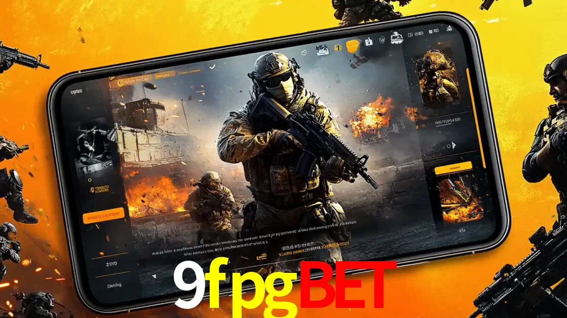 Um smartphone exibindo a interface de um jogo de tiro em primeira pessoa, com um soldado em um cenário de batalha, representando a ação dos e-sports para apostar no 9fpgbet.