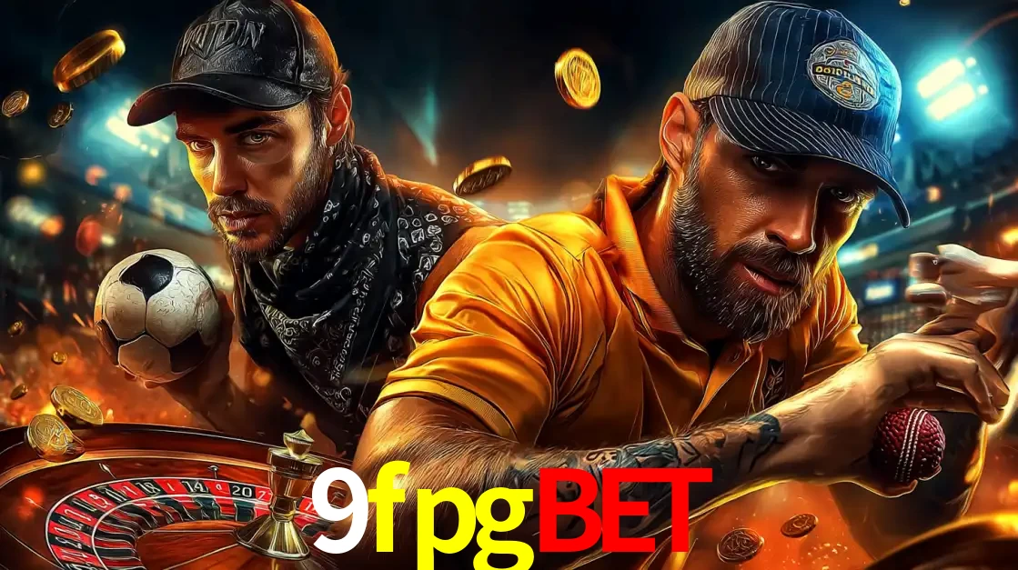 Montagem de apostas esportivas e cassino no 9fpgbet, com um homem segurando uma bola de futebol e outro uma de beisebol sobre uma roleta e moedas voadoras.
