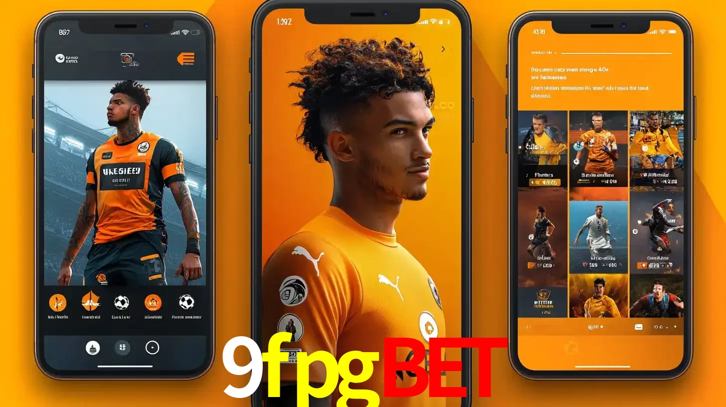 Interface do aplicativo de apostas esportivas 9fpgbet em três telas de celular, mostrando o perfil de um jogador de futebol e a lista de jogos disponíveis para apostar.