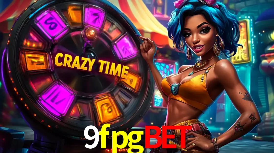 Mulher estilizada com cabelo azul e visual vibrante posando ao lado da roda de prêmios do game show Crazy Time, convidando para a diversão e os bônus do cassino 9fpgbet.