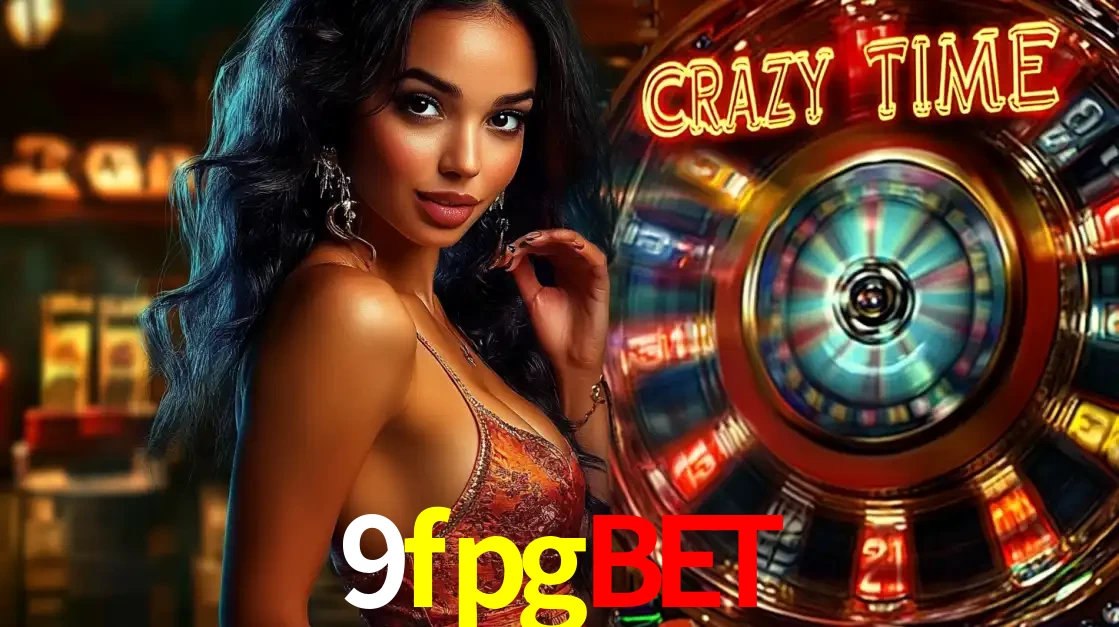Mulher elegante ao lado da vibrante roda da fortuna do jogo de cassino ao vivo Crazy Time, um dos game shows mais populares e cheios de prêmios do 9fpgbet.