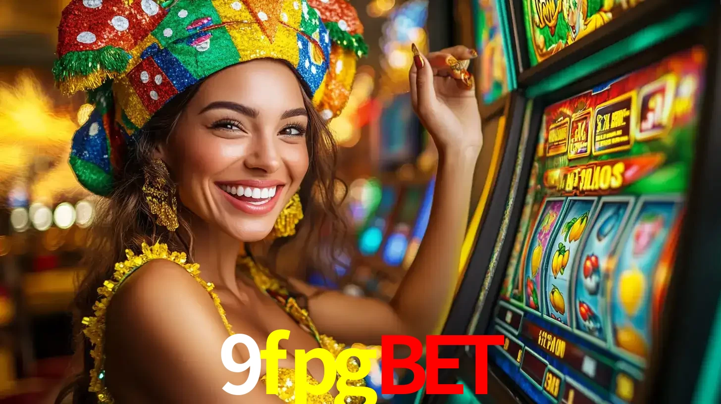 Mulher feliz com traje de carnaval amarelo e colorido ao lado de uma máquina de caça-níqueis, aproveitando a diversão e os jogos temáticos do cassino 9fpgbet.