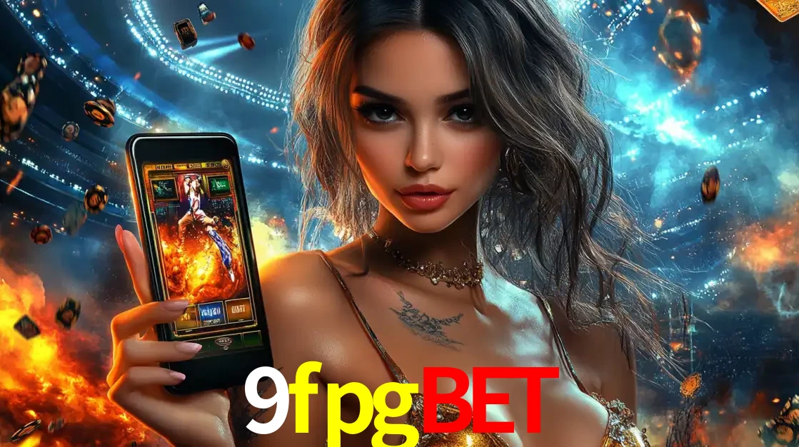 Mulher segurando um celular com um jogo de slot em destaque, tendo como fundo um estádio vibrante, simbolizando a emoção de jogar no cassino móvel 9fpgbet.