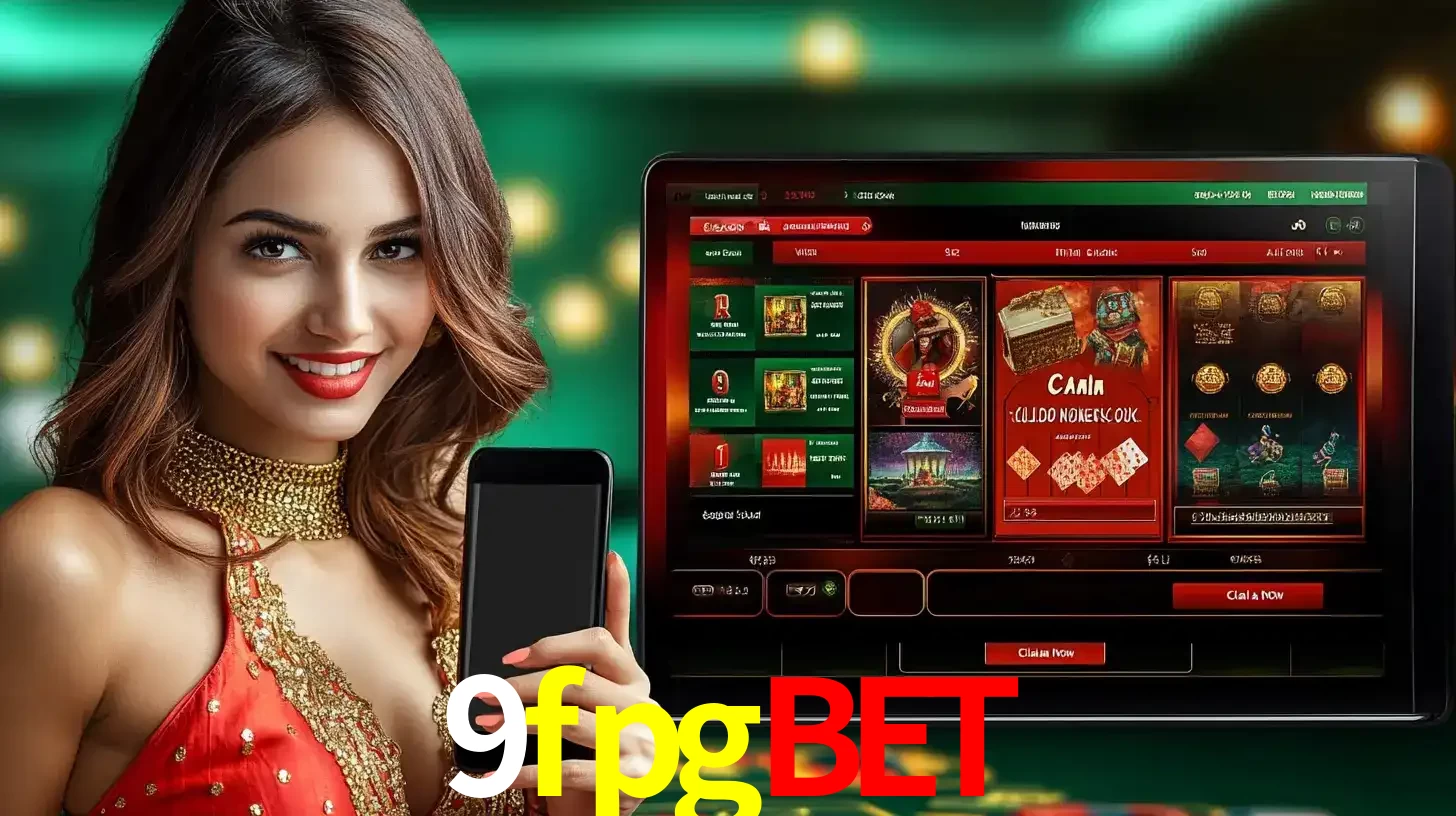Mulher sorridente segurando um smartphone, ao lado de uma tela exibindo o lobby de jogos do cassino online 9fpgbet, com várias opções de jogos de cartas e slots.